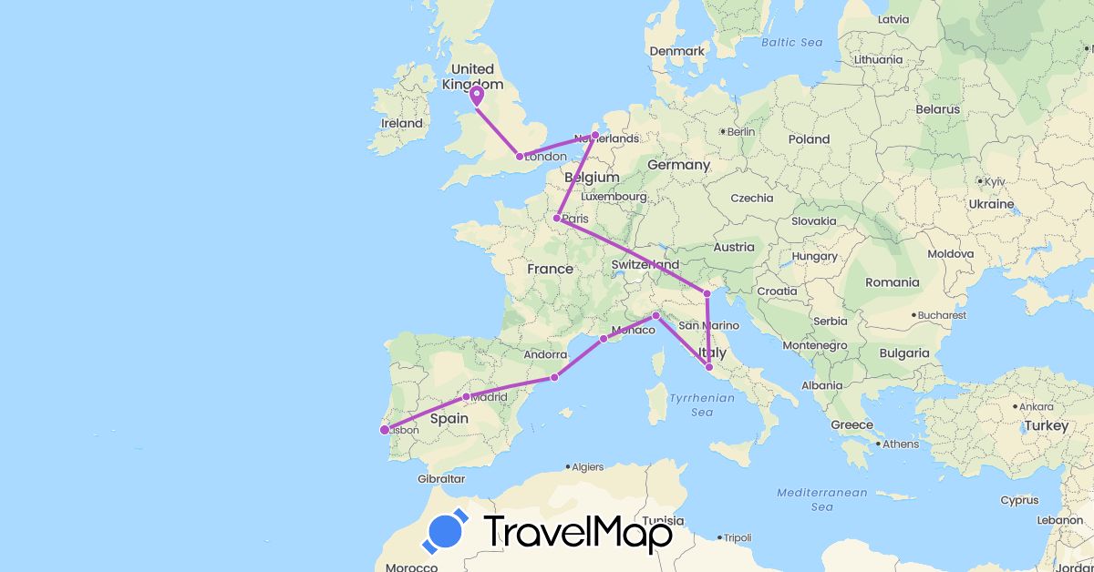 TravelMap itinerary: driving, train in Spain, France, United Kingdom, Italy, Netherlands, Portugal (Europe)